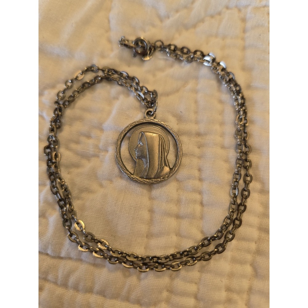 Saint Miraculous Mary Lourdes Religious Pendant Italy Silvertone Chain 20"